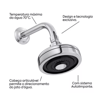Chuveiro Auto Limpante Abs Com Cano Inox Cromado